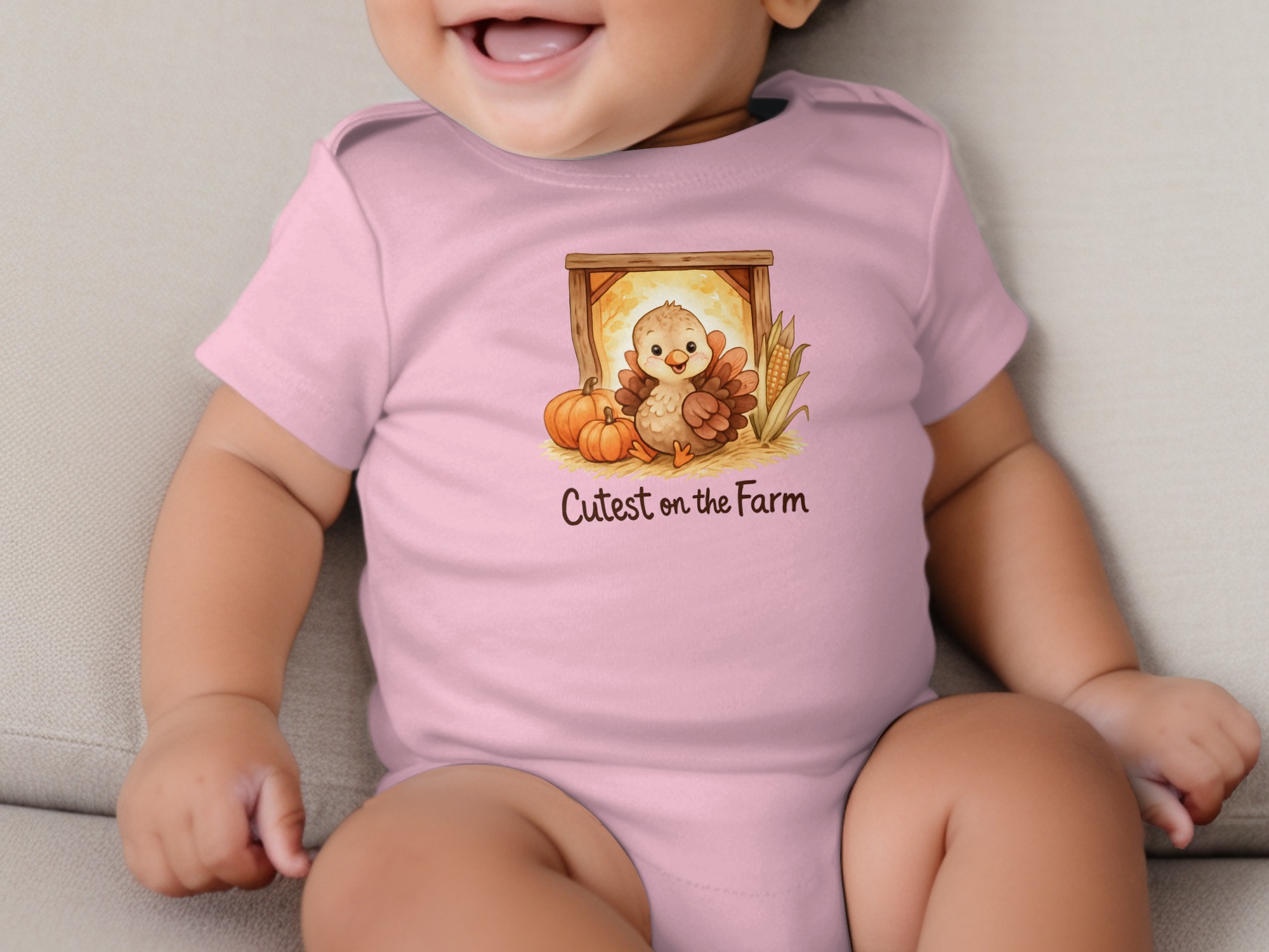 Cutest on the Farm Turkey with Pumpkins and Corn Design Short and Long Sleeve Body Suit NB to 24M - Image 6
