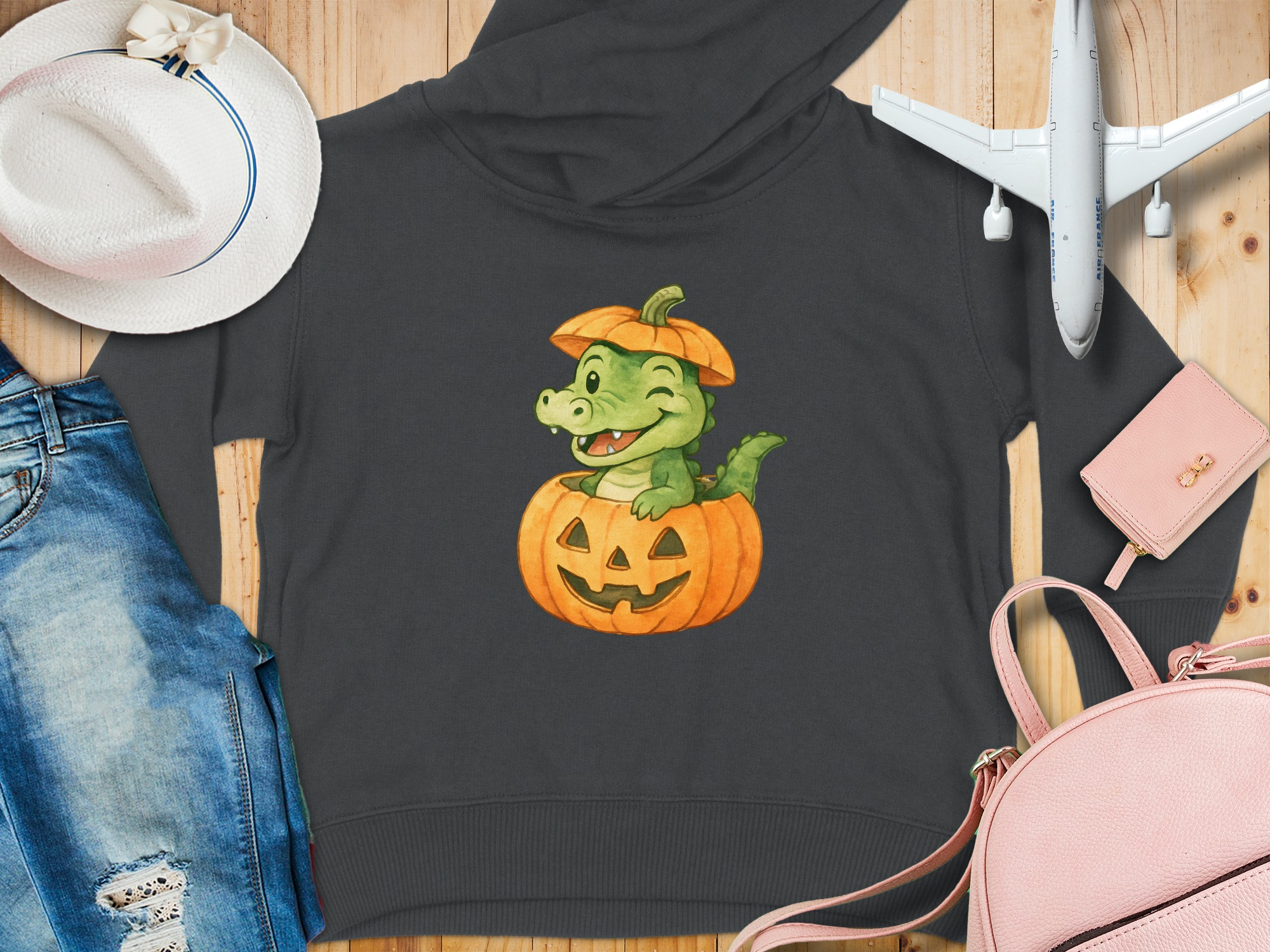 Crocodile Pumpkin Face Toddler Hoodie - 5-6T, Vintage Smoke product image 1