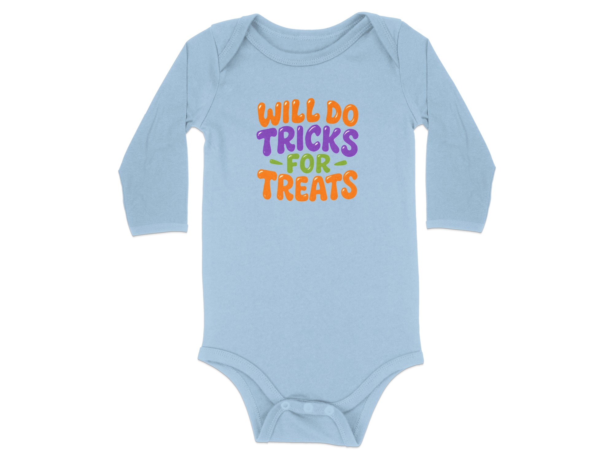 Will Do Tricks for Treats Long Sleeve Bodysuits - 12M, Light Blue product image 1