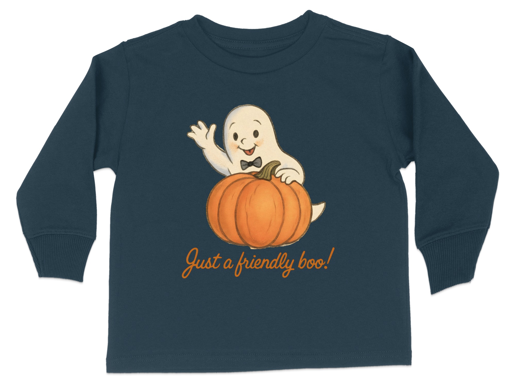 Just a friendly boo Ghost with Pumpkin Long Sleeve T-Shirts - 5-6T, Navy product image 1