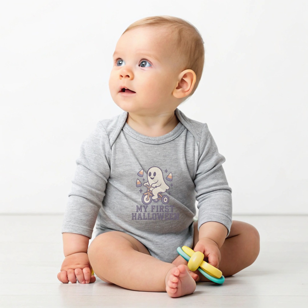 “My First Halloween Ghost Tricycle Long Sleeve Bodysuits” Baby Bodysuit | Cute Halloween Cartoon Shirt | Infant Onesie Sizes NB to 24M product image 2
