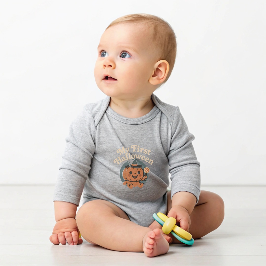 “My First Halloween Pumpkin Design Long Sleeve Bodysuits” Baby Bodysuit | Cute Halloween Cartoon Shirt | Infant Onesie Sizes NB to 24M product image 1