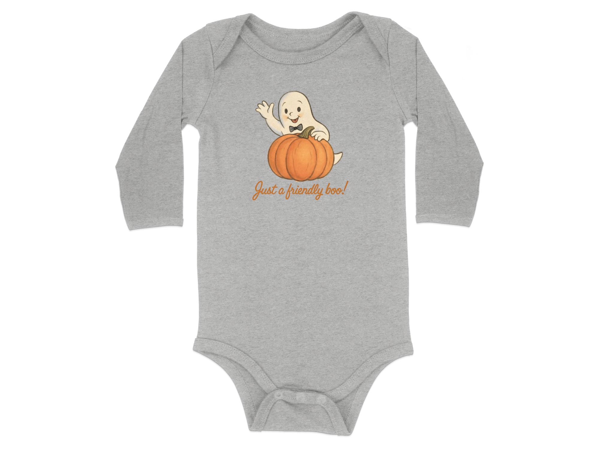 Just a Friendly Boo Halloween Long Sleeve Bodysuits - 12M, Heather product image 1