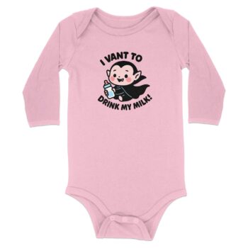 Cute Vampire I Vant To Drink My Milk Long Sleeve Bodysuits - 12M, Pink product image 1