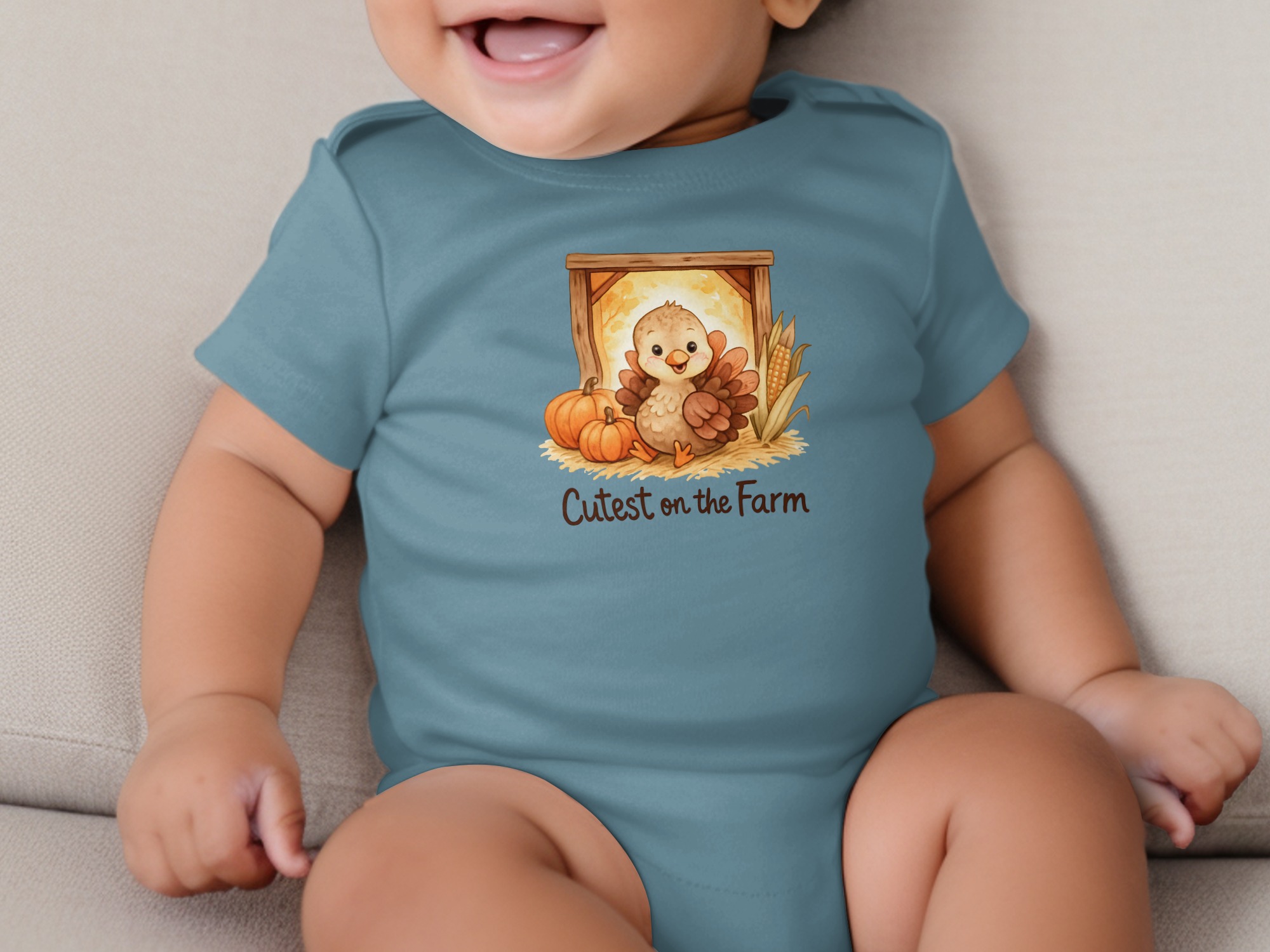 Cutest on the Farm Turkey with Pumpkins and Corn Design Short and Long Sleeve Body Suit NB to 24M - Image 7