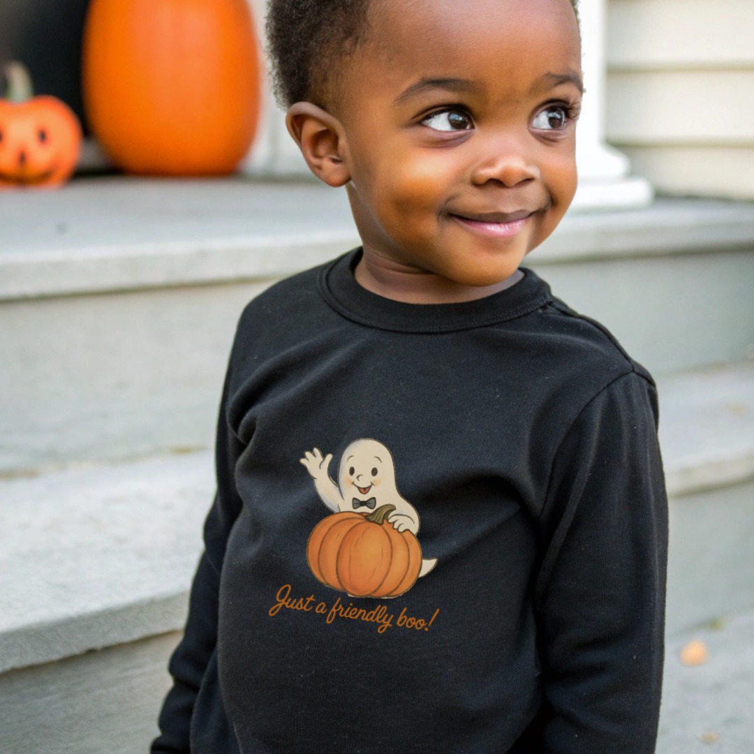 “Just a friendly boo Ghost with Pumpkin Long” Baby Bodysuit | Cute Halloween Cartoon Shirt | Infant Onesie Sizes NB to 24M product image 2