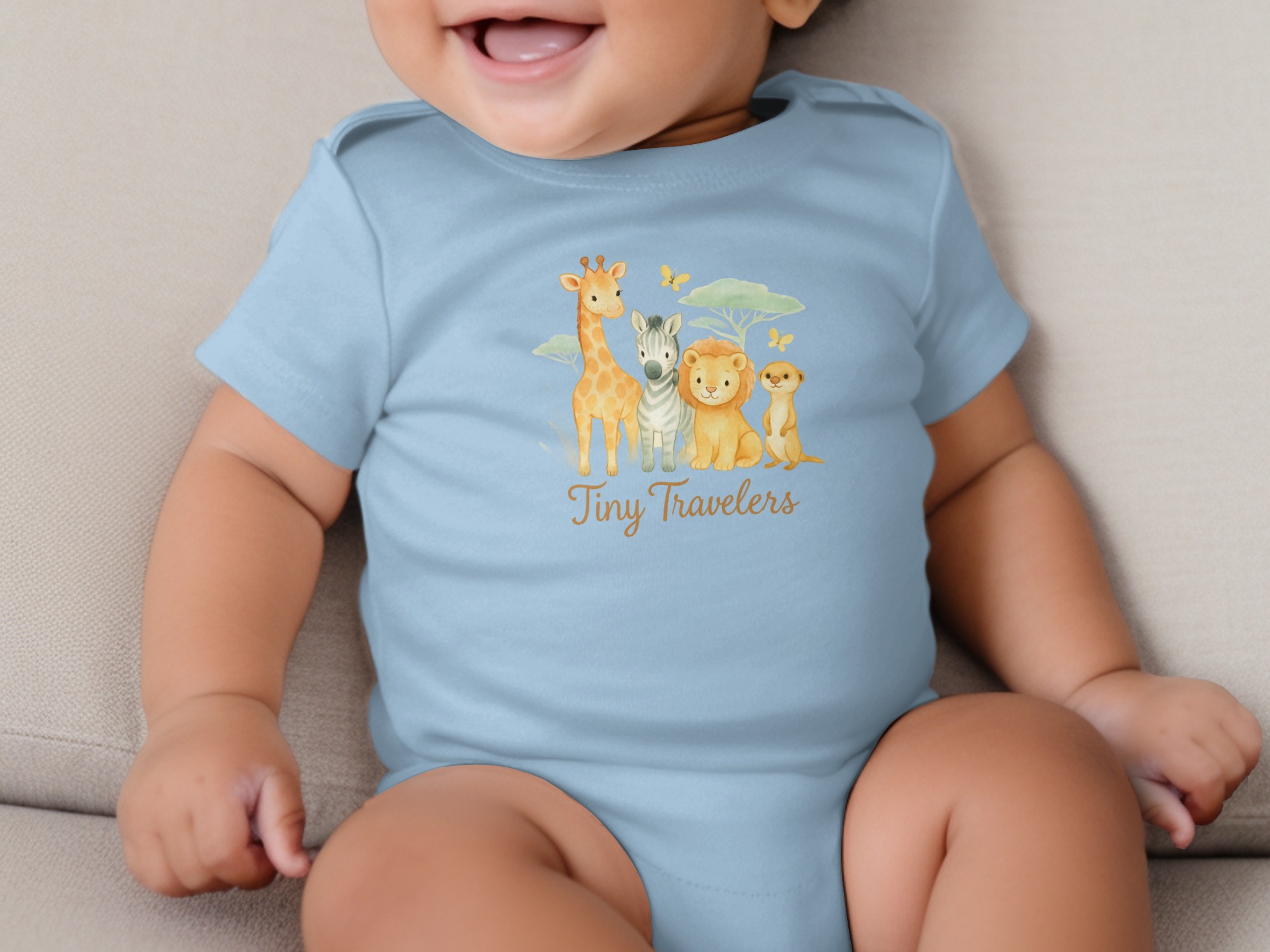 Tiny Travelers Bodysuit NB to 24M, Safari Animals Giraffe Zebra Lion Meerkat, Long Sleeve Short Sleeve Bodysuit, Cute Baby Gift Idea