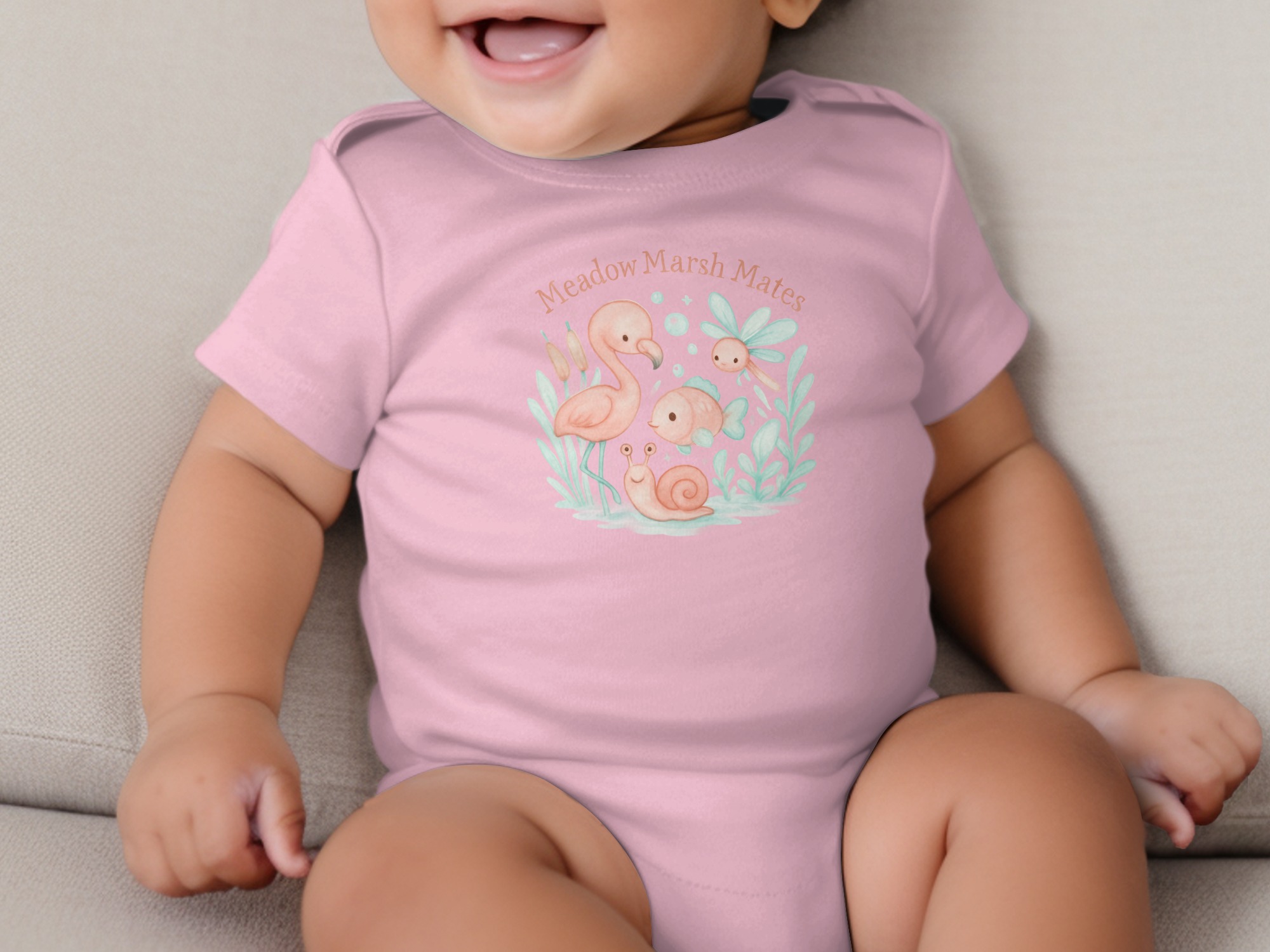 Meadow Marsh Mates Bodysuit, Cute Animal Design, Flamingo Fish Snail Dragonfly, Long and Short Sleeve, Newborn to 24M - Image 6