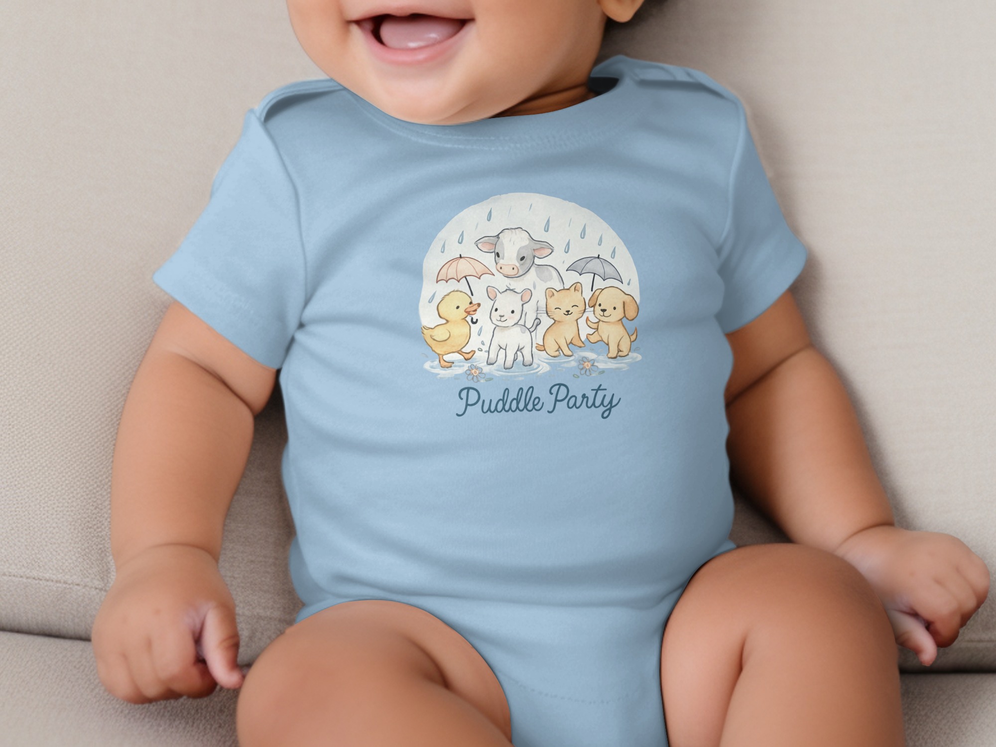 Puddle Party Bodysuit NB to 24M, Watercolor Animals, Cow, Dog, Cat, Duck, Rainy Day Bodysuit, Long and Short Sleeve Bodysuit, Cute Baby Gift - Image 2