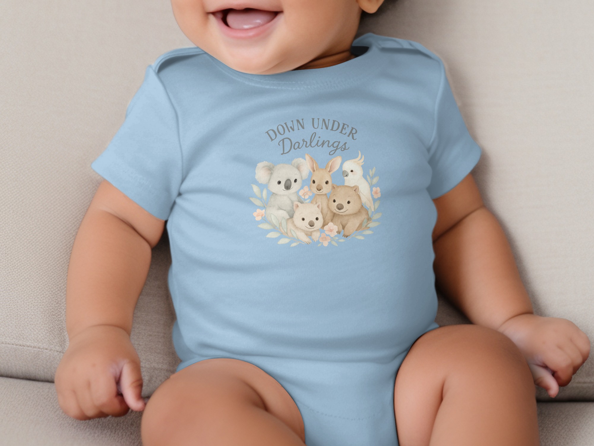 Down Under Darlings Bodysuit, Australian Animals Koala Kangaroo Wombat Cockatoo, Long and Short Sleeve, Newborn to 24 Months